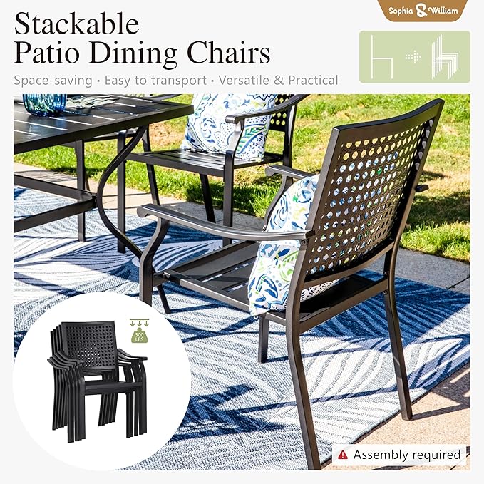Sophia & William Patio Table and Chairs Set, Outdoor Dining Set for 6, 7 Piece Metal Patio Furniture, 60" Black Rectangular Table(Beehive)
