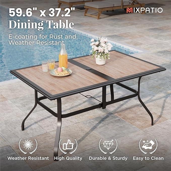 7 Pieces Patio Table and Chairs Set, Outdoor Dining Furniture Set for 6, 6 Brown Textilene Chairs and 61" Wood-Like Table Top with Umbrella Hole, for Deck Backyard Lawn