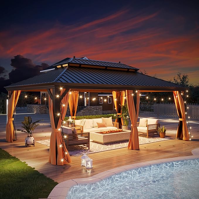 14'x20' Hardtop Gazebo Outdoor Aluminum Patio Gazebo Double Roof Galvanized Steel Canopy with Netting and Curtains for Garden, Backyard,Deck and Lawns