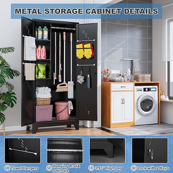 75" Outdoor Storage Cabinet – Heavy-Duty Lockable Metal Shed with Ventilated Doors, Perforated Stainless-Steel Bottom, Hanging Rod & Hooks, Easy Assembly