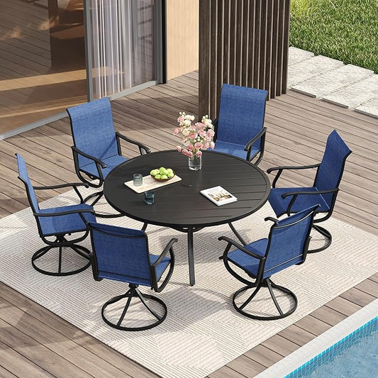 VICLLAX Patio Dining Set for 6, 7 Pieces Outdoor Furniture Includes 47.2" Round Patio Table with Umbrella Hole and 6 Outdoor Swivel Chairs for Lawn Garden, Black Tabletop and Blue Fabric