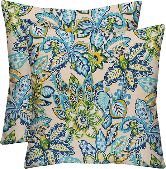 RSH DECOR: Square Throw Pillows Set of 2 | 17” x 17” | All-Weather Spun Fabric | Water and Fade-Resistant | Outdoor Accent Pillows for Patio Furniture | Copeland Caribe Blue Floral
