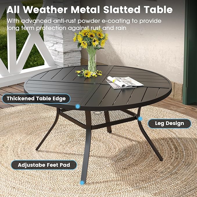 DIFY 7 Pieces Outdoor Patio Dining Set, 6 Brown Textilene Swivel Dining Chairs and 47.2" Black Round Metal Dining Table, Outdoor Table and Chairs