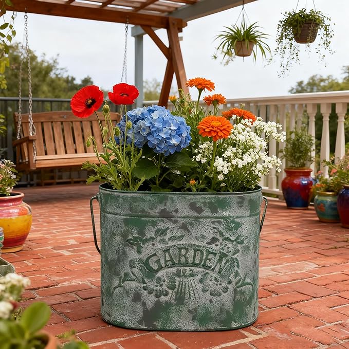 Vintage Distressed Green Metal Planter Pot with Handles, Garden No.2 Embossed Design, Rustic Farmhouse Flower Bucket for Indoor Outdoor Gardening, Succulents, Herbs, Home Decor