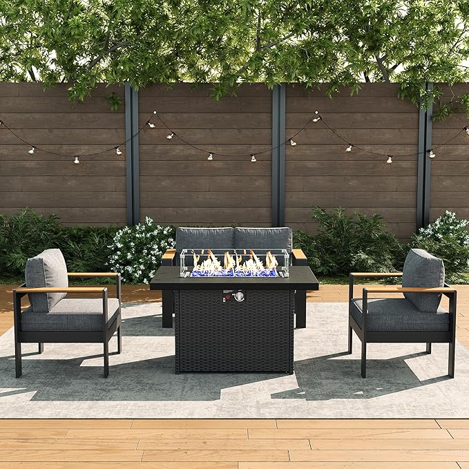 LayinSun 4 Piece Aluminum Outdoor Furniture Set with Fire Pit Table, Outside Patio Deep Seating Conversation Set with Upgraded Washable Thick Cushion