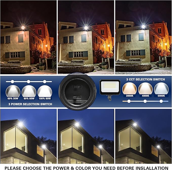 LAMPHOME LED Flood Lights Outdoor 35/60/80W and 3000/4000/5000K Adjustable 10400Lm,Dusk-to-Dawn Sensor o Dawn Flood Light for Yard, Garage, Garden,UL Listed,Includes Include Yoke Mount
