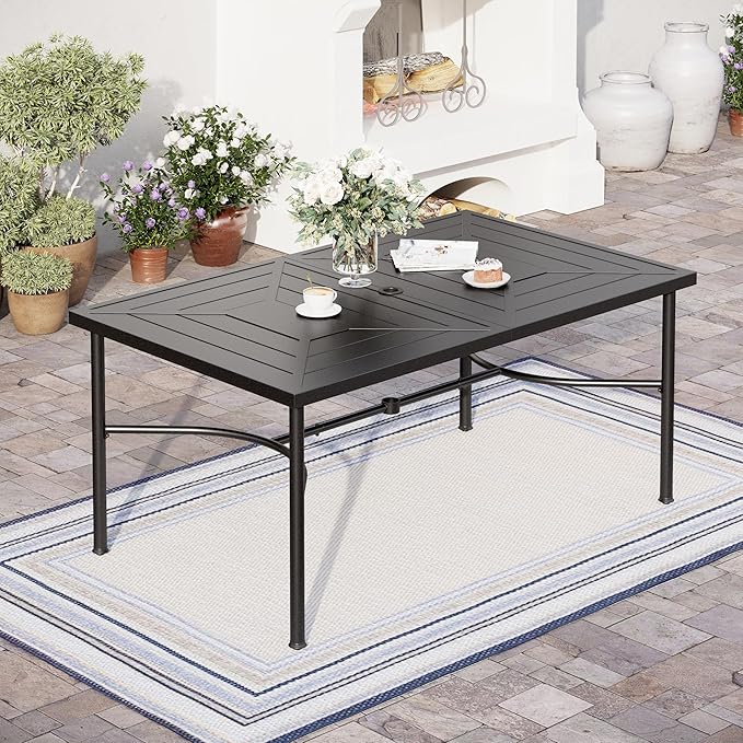 Patio Dining Set for 6, 64" Rectangular Metal Dining Table with Umbrella Hole and 6 Chairs, Outdoor Table and Chairs Set for Lawn Garden Backyard and Deck, Brown