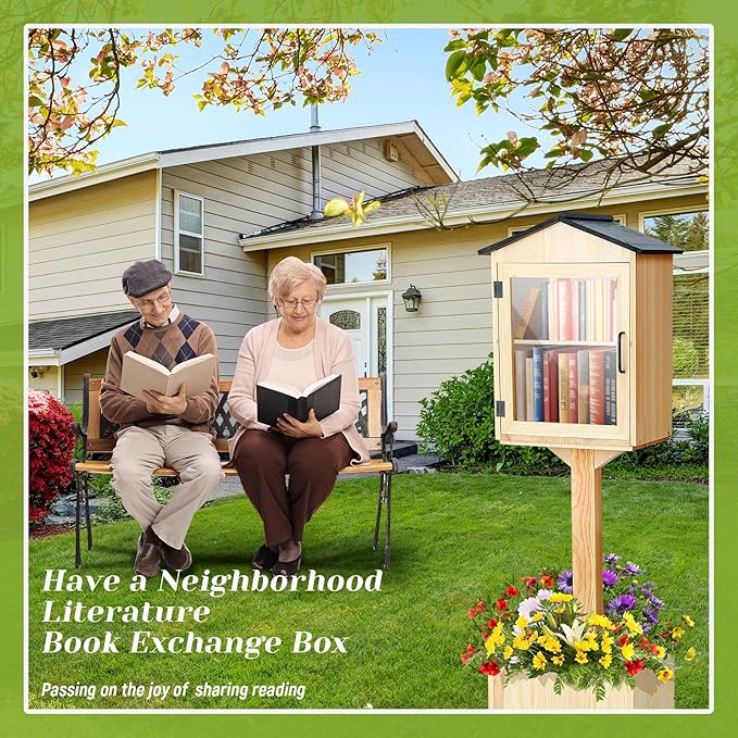 Wooden Library Box Outdoor Library, Double Outdoor Box Storage with Floor Plugs and Small Flower Fence for DIY, Community, Literature, School(Natural Wood,Steepletop)