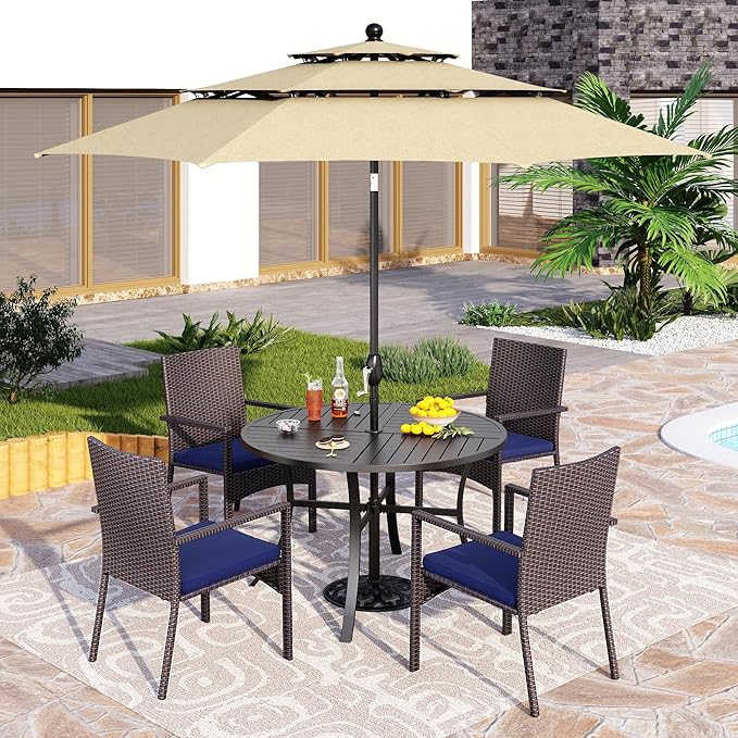 PHI VILLA 5 Pieces Outdoor Dining Set with Umbrella for 4, Round Metal Iron Dining Table & Wicker Chairs with Cushions & Large Beige Umbrella, Morden Dining Furniture for Patio, Deck, Yard, Porch