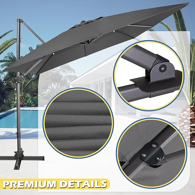 Sunnyglade 10x10Ft Cantilever Patio Umbrella Square 360° Rotation & Integrated Tilting System Offset Umbrella with 8 Sturdy Ribs, Fade-resistant & Waterproof for Garden Backyard Poolside Deck