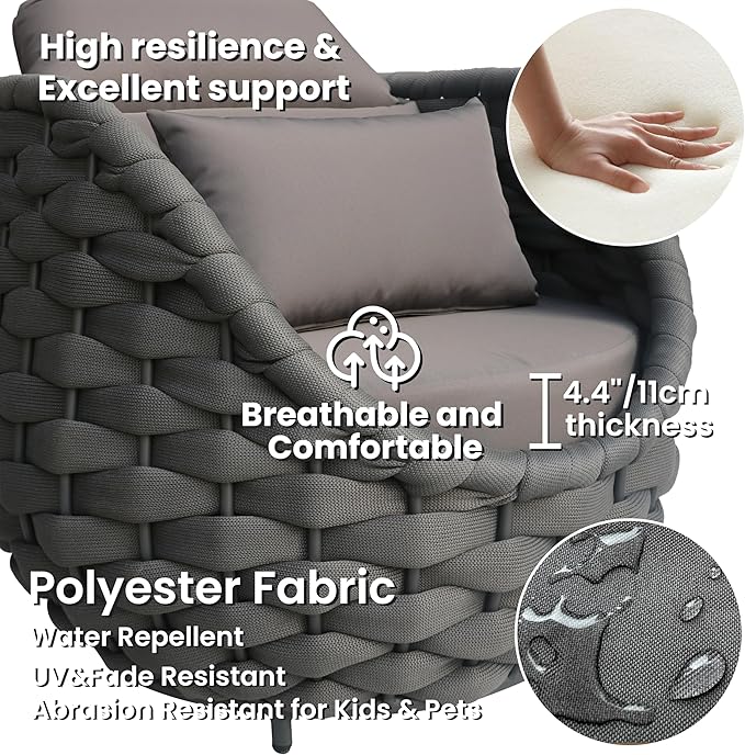 Patio Rope Accent Chair: Aluminum Single Seater Armchair - Large Woven Chair Cushioned - Modern Arm Chair Assembled - Assembled for 400lbs Outdoor Deck Balcony Porch Yard Garden Hotel, Dark Gray