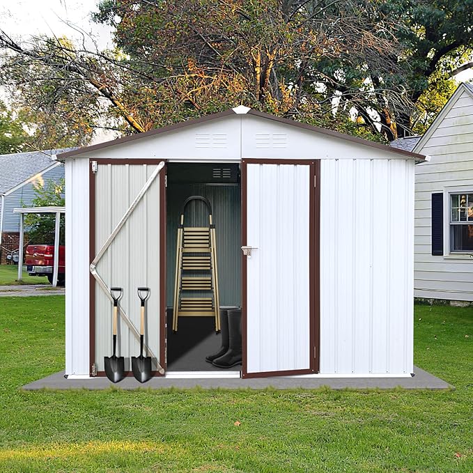 10 x8 FT Metal Outdoor Storage Shed & Double Hinged Large Door - Heavy-Duty Shed with Floor, Lockable & Ventilation - Rainproof Windproof Large Utility Garden Shed for Backyard Patio Lawn - Brown