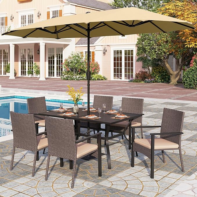 PHI VILLA 7 Pieces Patio Dining Set with Umbrella for 6, 60” Large Metal Iron Dining Table & Cushioned Rattan Wicker Chairs & 13ft Beige Umbrella for Patio, Deck, Yard, Porch