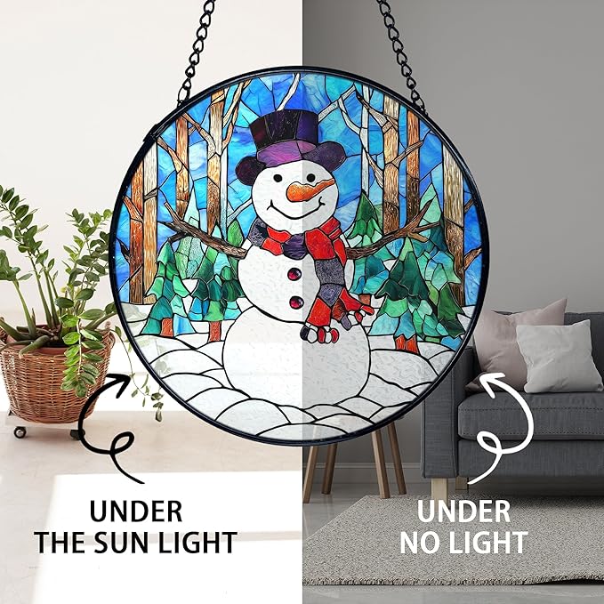 TNUW Snowman Christmas Stained Glass Window Hanging, Rustic Winter Xmas Snowman Sun Catchers Indoor Window Glass Round Wall Art Decor, Christmas Sculptures, Statues, Suncatchers, 7.9＂x7.9＂