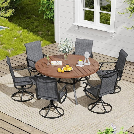 VICLLAX 7 Pieces Outdoor Dining Set, Patio Furniture Set of 6 Patio Swivel Dining Chairs and 50" Patio Spliced Round Tabletop, Dark Charcoal Chairs & Walnut Tabletop