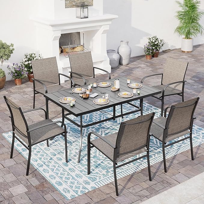 7 PCS Patio Dining Set for 6, Rectangular Metal Table with Umbrella Hole, 6 x Brown Dining Chairs, Outdoor Table and Chairs Set for Lawn Backyard and Deck