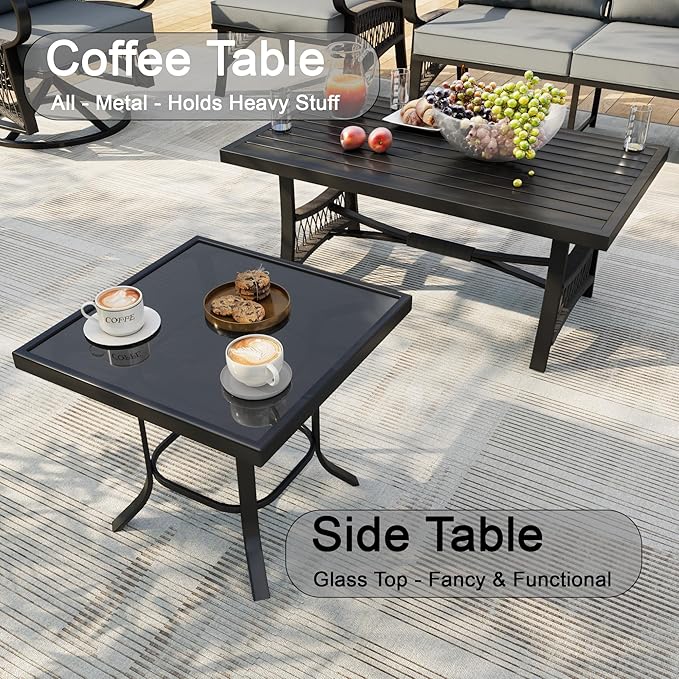 9 Pieces Patio Conversation Sets, All Weather Metal Outdoor Furniture Set, 3-Seater, 2 Swivel Rockers, 2 Single Chairs, 1 Loveseat, 1 Side Tables, 1 Coffee Table, 1 Fire Pit Table for Backyard, Gray