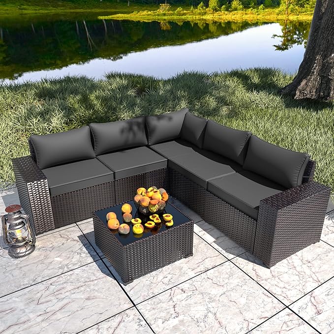 Outdoor Patio Furniture Set, 6 Pieces Outdoor Furniture All Weather Patio Sectional Sofa PE Wicker Modular Conversation Sets with Coffee Table,5 Chairs & Seat Clips (Grey)