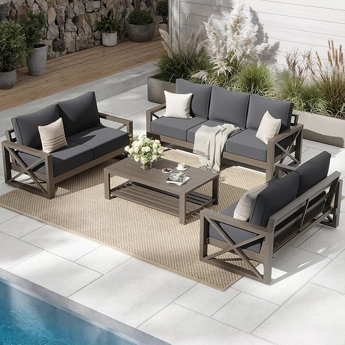 UDPATIO 4 Piece Faux Wood Aluminum Patio Furniture Set 7 Seats Modern Outdoor Furniture Patio Conversation Sets with Coffee Table for Balcony, Backyard, 600D Waterproof Cover Included, Dark Grey
