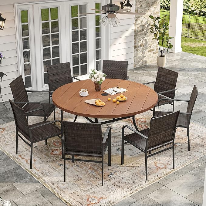VICLLAX Outdoor Patio Round Dining Table, 53"x 53" Metal Slatted Round Tabletop with Adjustable Umbrella Hole for Deck Lawn Garden Backyard, Walnut