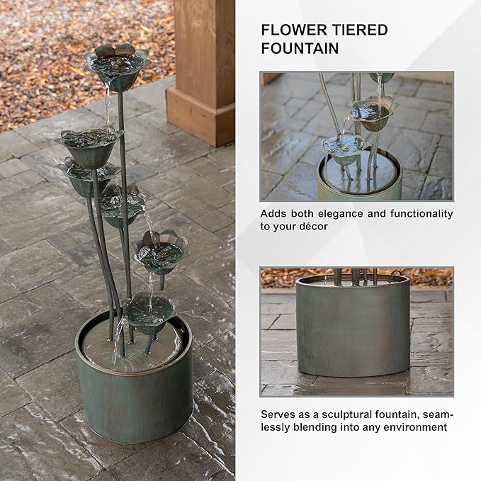 XBrand Metal Sculptural Multi-Tiered Flower Water Fountain, No LED Lights, Silver, 35" Tall
