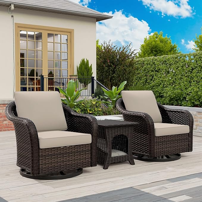 Vista Vibe Outdoor Wicker 360 Degree Swivel Glider Rocker Chairs set of 2 with Cat Nest Side Table, All-weather Rattan Patio Conversation Furniture Set with Washable Cushions for Balcony, Yard (Beige)
