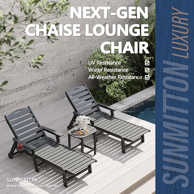 Patio Chaise Lounge Chair Set of 4, HDPE Outdoor Lounge Chairs with 5-Position Adjustable Backrest, Cup Holder and Wheels, 450lbs Capacity for Poolside Deck Backyard, All Weather Material(Gray)