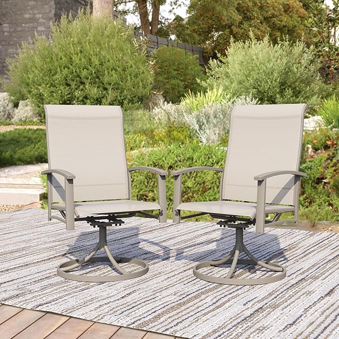 Patio Swivel Chairs Set of 2, Outdoor Swivel Chairs with Armrest, High Back Patio Chair with Metal Frame, All-Weather Outdoor Dining Chair for Deck, Porch and Lawn, Ivory Beige