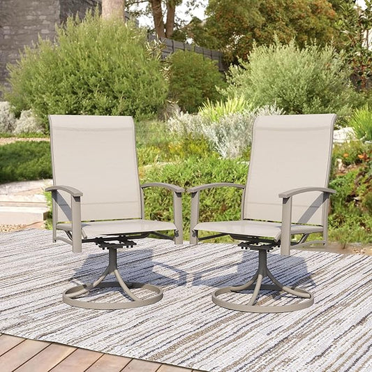 Patio Swivel Chairs Set of 2, Outdoor Swivel Chairs with Armrest, High Back Patio Chair with Metal Frame, All-Weather Outdoor Dining Chair for Deck, Porch and Lawn, Ivory Beige