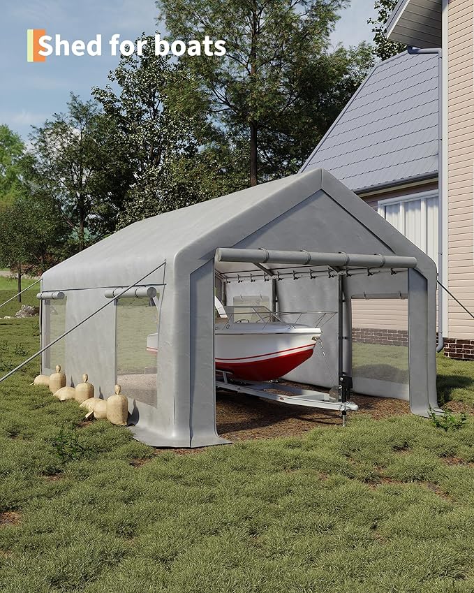 GarveeLife 10x20 ft Carport, Car Port with 200 g PE Tarp, Roll-Up Doors, and 4 Windows, for Sedans, Bass Boats, Motos, ATVs, and SUVs, White