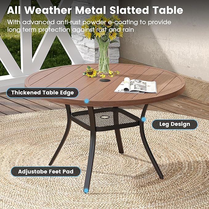 DIFY 5 Pieces Outdoor Patio Dining Set, 4 Brown Textilene Swivel Dining Chairs and 40.6" Walnut Round Dining Table, Metal Outdoor Table and Chairs