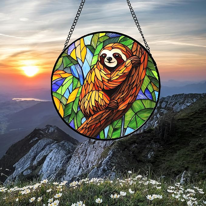 Stained Glass Window Hanging - Funny Sloth Suncatcher for Doors Garden Patio Cute Sun Catchers Decor Christmas Mother's Day Birthday Teenager Gifts for Women Men Mom Nana Friend 15 in