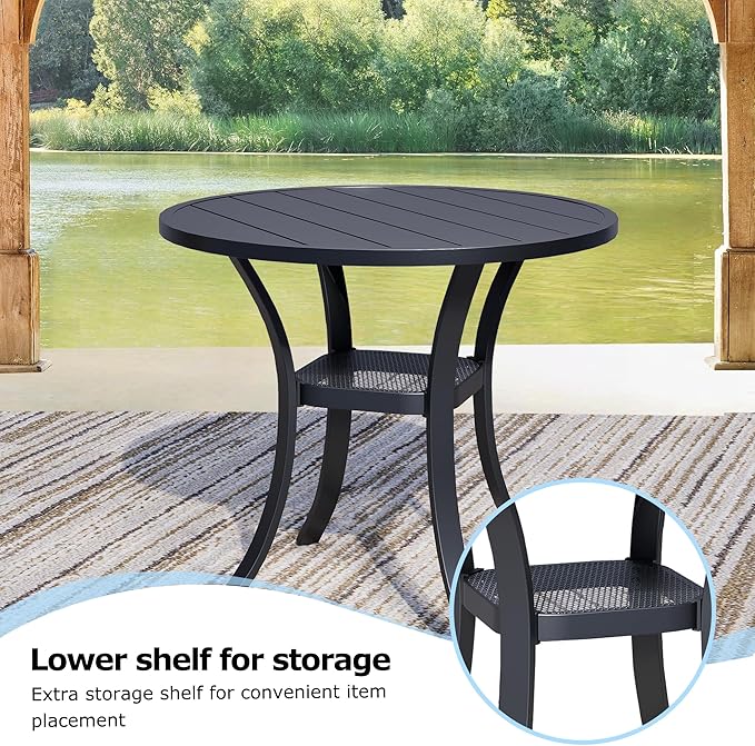 3 Pieces Round Dining Table Set for 2, Patio Dining Set Includes 2 Dark Blue Stackable Patio Chairs and 27.6" Black Metal Round Table, Patio Furniture Sets with Sling Support for Outside, Garden