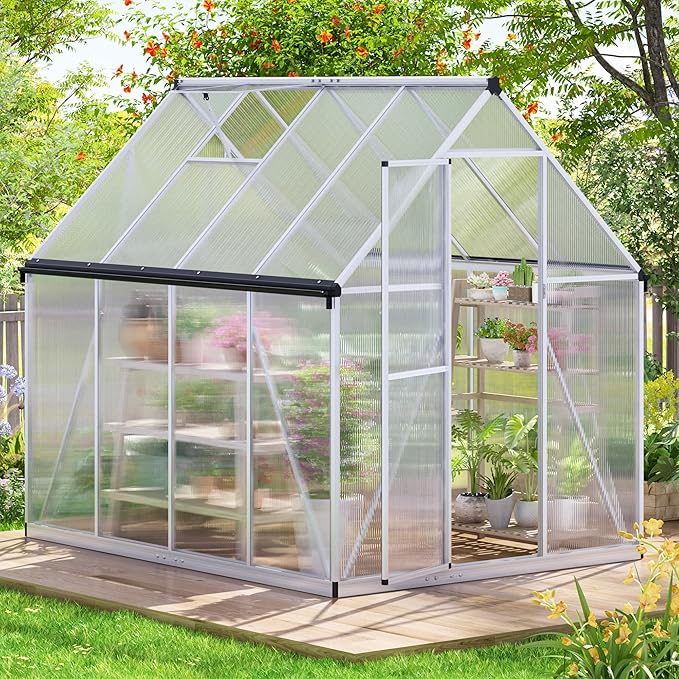 6x8 FT Greenhouse for Outdoors, Polycarbonate Green House with Quick Assembly Structure and Roof Vent, Large Aluminum Walk-in Green House for Outside Garden Backyard, Silver