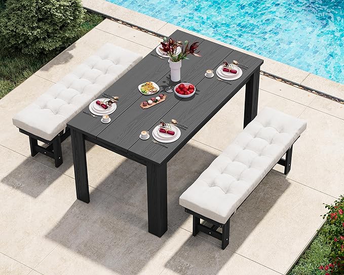 SERWALL Patio Dining Set for 4, Outdoor Dining Sets for 4 Person with 1 Umbrella Hole Cut-Out Rectangular Table and 2 Benches, HDPE Dining Sets for Garden, Backyard, Poolside, Black