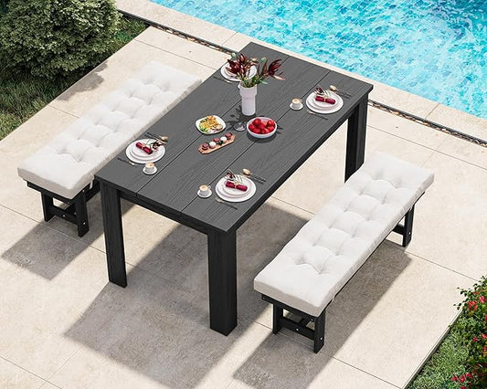 SERWALL Patio Dining Set for 4, Outdoor Dining Sets for 4 Person with 1 Umbrella Hole Cut-Out Rectangular Table and 2 Benches, HDPE Dining Sets for Garden, Backyard, Poolside, Black
