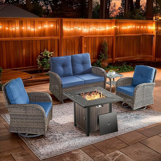 5 Piece Patio Furniture Set with Fire Pit Table - Wicker Patio Conversation Set with Swivel Glider, Glider Loveseat, Tempered Glass Side Table for Deck Backyard - Brown Wicker Blue Cushion