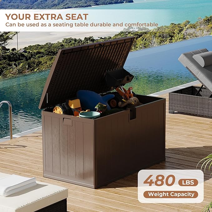 130 gal Brown Resin Deck Box, Outdoor Storage Box Waterproof Lockable, Patio Deck Box For Package Delivery, Outside Storage Box Container for Furniture Cushions, Garden Tools, Pool Accessories
