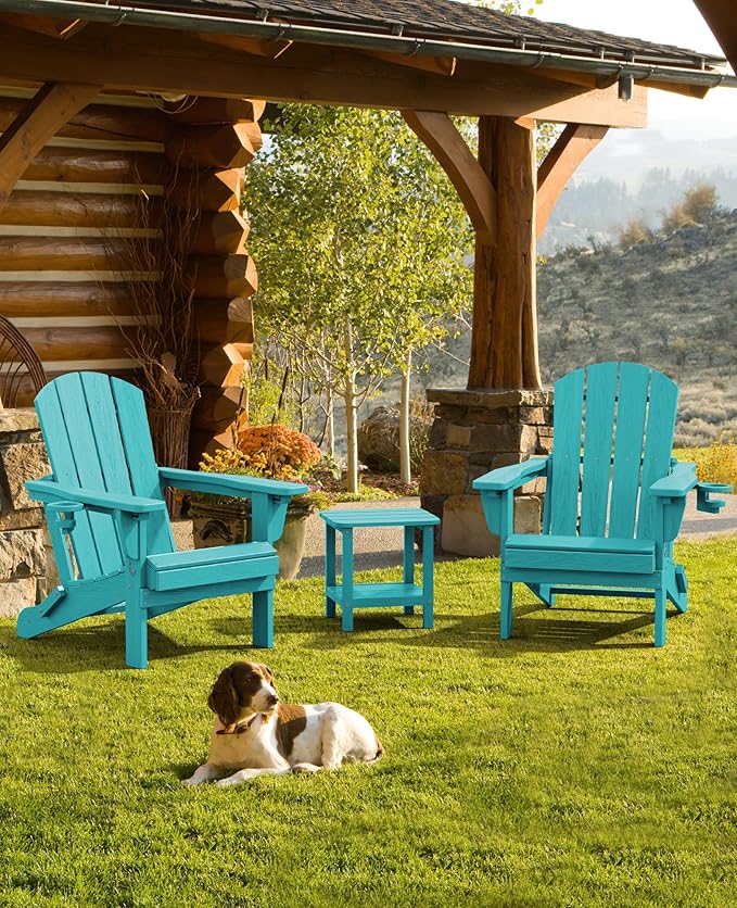 SERWALL Folding Adirondack Chair Set of 4, Adjustable Adirondack Chair with 3 Recline Positions, All Weather HDPE Outdoor Adirondack with Cup Holders, Aruba