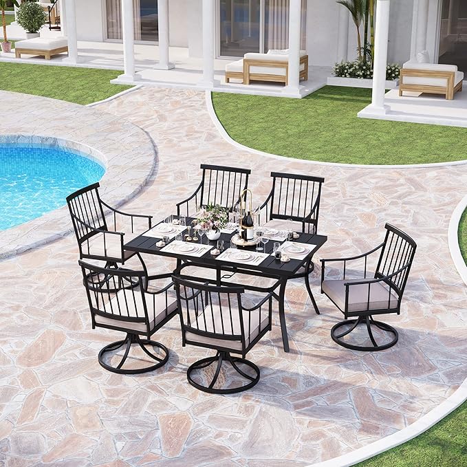 PHI VILLA 7 Pieces Outdoor Dining Set for 6, Black Rectangle Wrought Iron Table with Umbrella Hole & Swivel Metal Chairs with Cushions, Modern Furniture for Patio, Deck, Yard, Porch