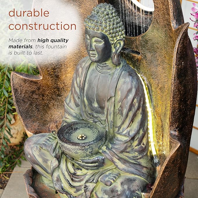 Alpine Corporation TZL420 59" Outdoor Buddha Fountain with LED Lights, Elegant Water Feature for Garden, Patio, Yard & Outdoor Spaces, Realistic Stone Look, Calming Waterfall for Relaxation, Brown