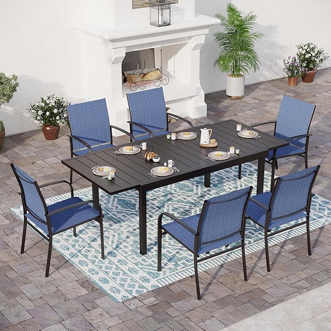 7 PCS Patio Dining Set for 6, Rectangular Extendable Dining Table with 6 Metal Chairs, Outdoor Table and Chairs Set for Lawn Garden Backyard and Deck, Blue