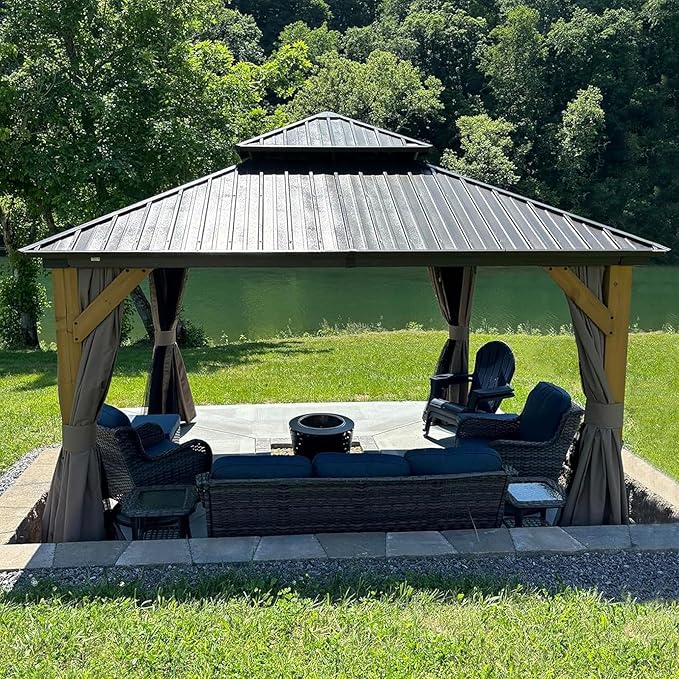 Domi Hardtop Gazebo 12’x12’ Cedar Frame Wood Gazebo with Galvanized Steel Double Roof, Outdoor Permanent Metal Gazebo with Curtains and Netting for Patio,Deck,Backyard