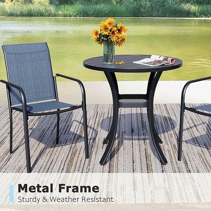 3 Pieces Round Dining Table Set for 2, Patio Dining Set Includes 2 Blue Stackable Patio Chairs and 27.6" Black Metal Round Table, Patio Furniture Sets with Sling Support for Outside, Garden