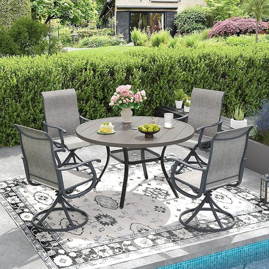 DIFY 5 Pieces Outdoor Patio Dining Set, 4 Grey Textilene Swivel Dining Chairs and 40.6" Grey Wood-Like Round Dining Table, Metal Outdoor Table and Chairs
