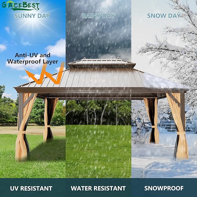 12' X 16' Hardtop Gazebo, Outdoor Galvanized Steel Double Roof Permanent Aluminum Frame Pavilion Pergola Canopy with Privacy Curtains for Garden, Patio, Backyard, Deck and Lawns.