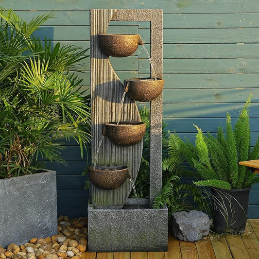 Outdoor-Water-Fountain Waterfalls Garden Fountain 5-Tier Outdoor Floor Standing Water Fountains with Natural Stones, LED Lights, Pump for Garden, Living Room, Patio, 49.2 Inches Tall