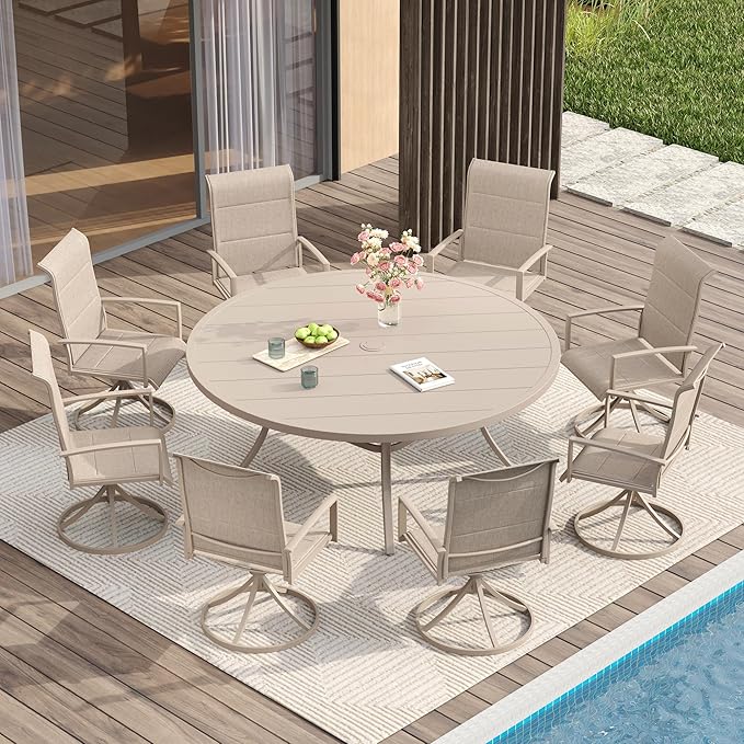 VICLLAX Outdoor Dining Set for 8, Outdoor Furniture Includes 60" Round Patio Table and Swivel Padded Chairs, Sandshell Color Tabletop and Fabric