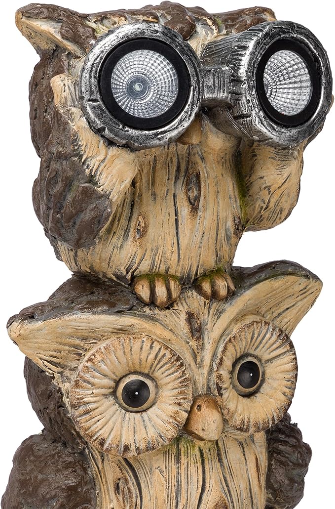 Alpine Corporation 25" Tall Outdoor Solar Powered Binocular Owls Yard Statue with LED Lights