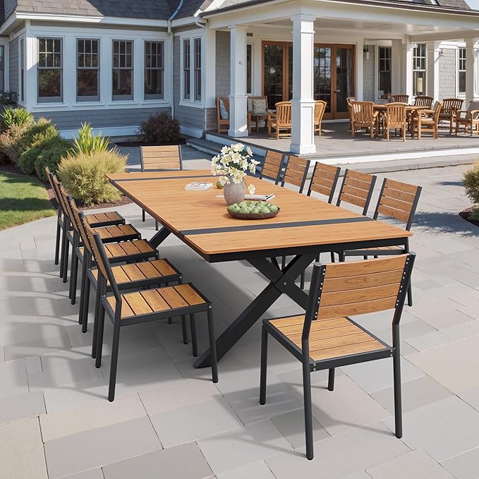 Pellebant 13 Piece Patio Table and Chairs Set for 12, Aluminum Outdoor Dining Set with Umbrella Hole, Stackable Dining Chairs & 114" Dining Table, Brown